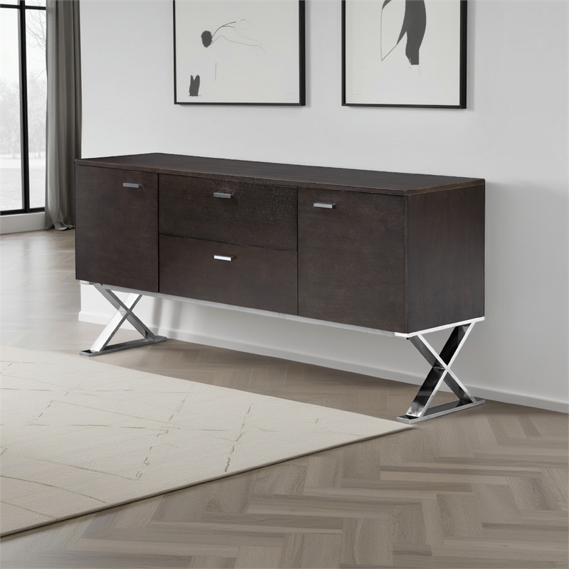 Benjara Rix Sideboard Buffet Console- 2 Door- X Chrome Legs- Brown 69 Inch
