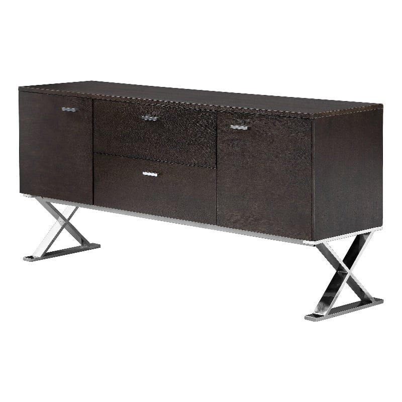 Benjara Rix Sideboard Buffet Console- 2 Door- X Chrome Legs- Brown 69 Inch
