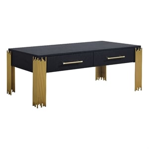 Benjara Theo Coffee Table- 2 Drawers- Gold Metal- Retro Black Wood 48 Inch