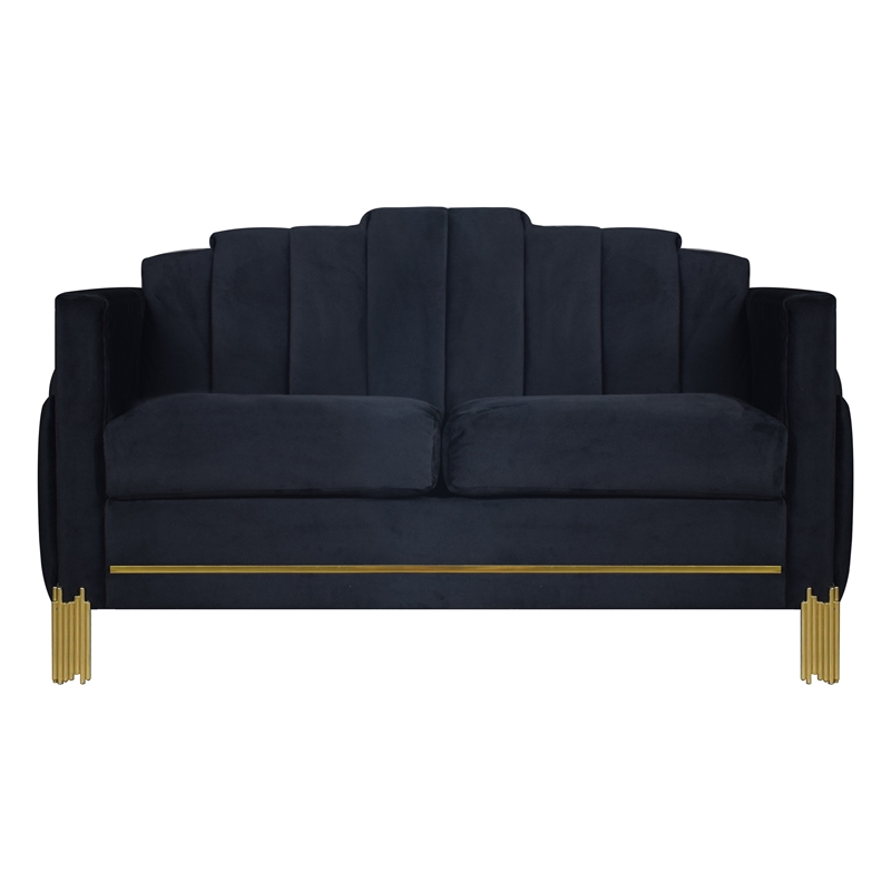Benjara Theo Loveseat- Black Velvet- Blue LED Lights- Gold Metal Legs- 59 Inch