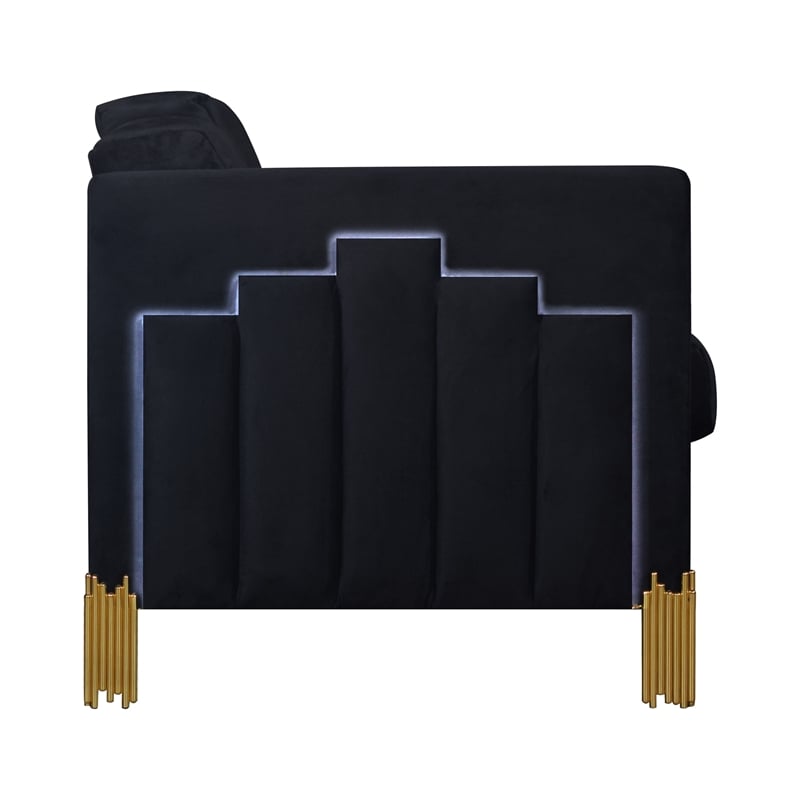 Benjara Theo Loveseat- Black Velvet- Blue LED Lights- Gold Metal Legs- 59 Inch