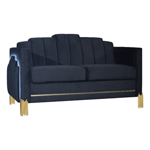 Benjara Theo Loveseat- Black Velvet- Blue LED Lights- Gold Metal Legs- 59 Inch