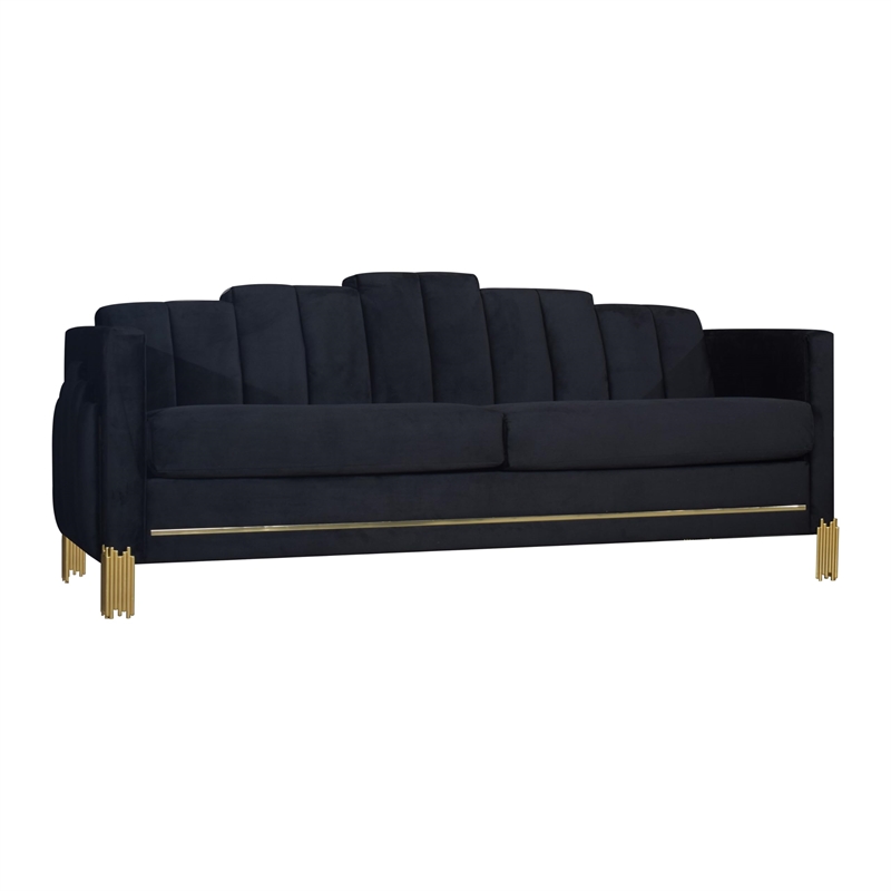 Benjara Theo Sofa- Black Velvet- Blue LED Lights- Gold Metal Legs- 83 Inch