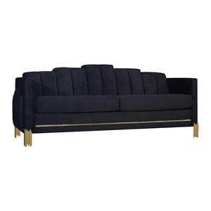 Benjara Theo Sofa- Black Velvet- Blue LED Lights- Gold Metal Legs- 83 Inch
