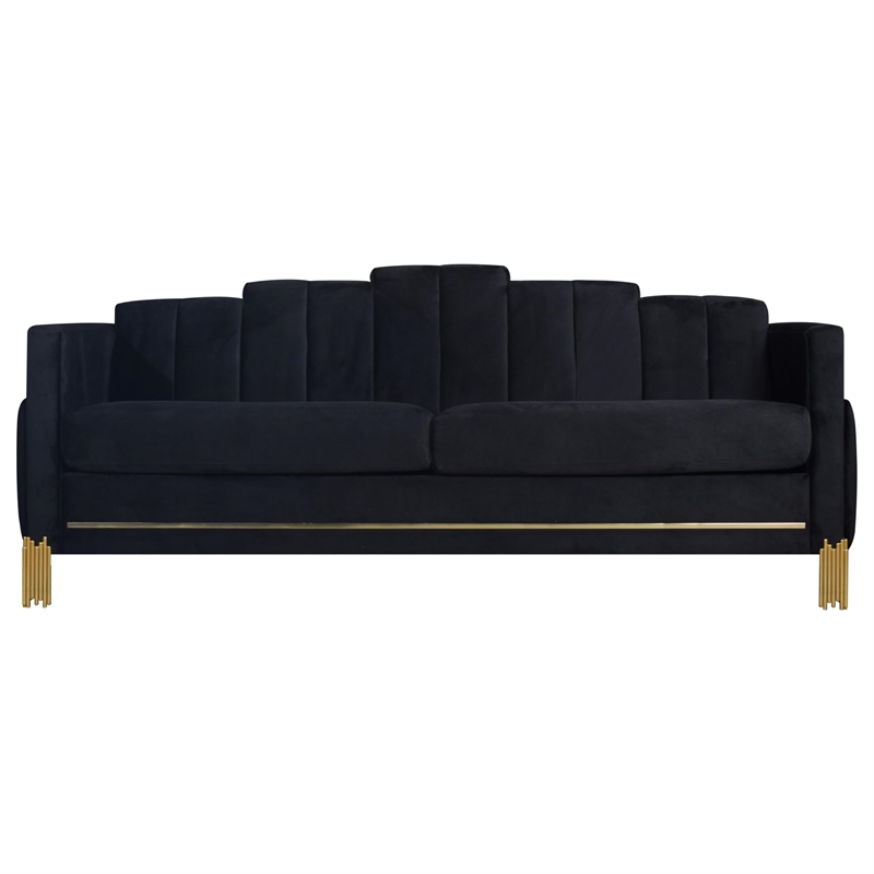 Benjara Theo Sofa- Black Velvet- Blue LED Lights- Gold Metal Legs- 83 Inch