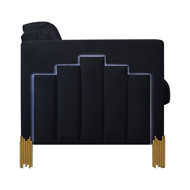 Benjara Theo Sofa- Black Velvet- Blue LED Lights- Gold Metal Legs- 83 Inch