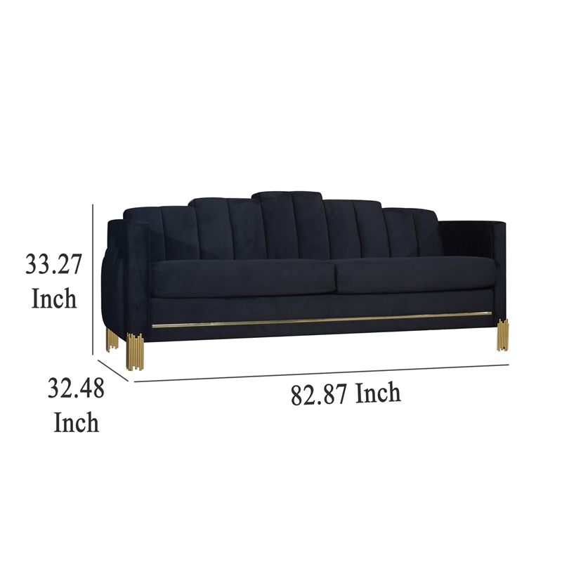 Benjara Theo Sofa- Black Velvet- Blue LED Lights- Gold Metal Legs- 83 Inch