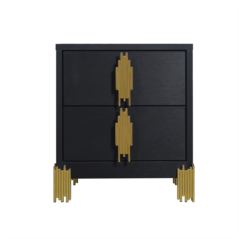 Benjara Theo Nightstand- 2 Drawers- Retro Gold Handles and Black Wood- 25 Inch