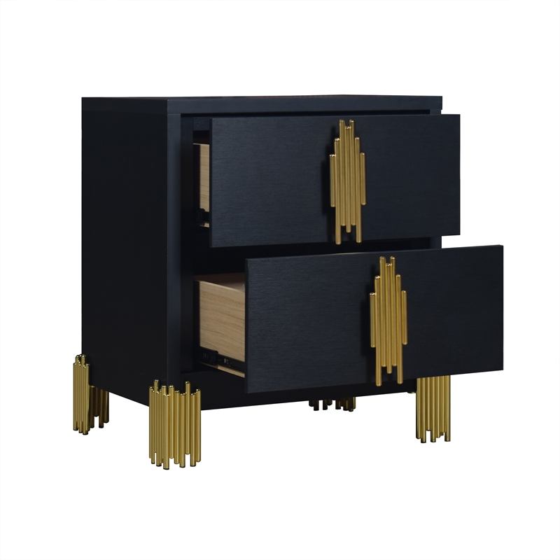 Benjara Theo Nightstand- 2 Drawers- Retro Gold Handles and Black Wood- 25 Inch