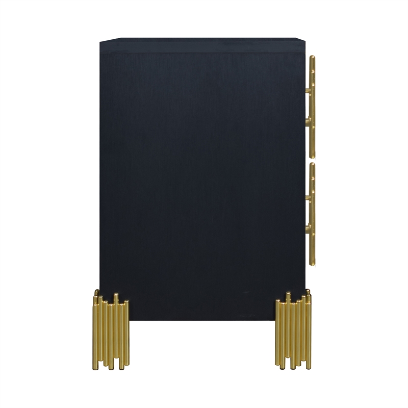 Benjara Theo Nightstand- 2 Drawers- Retro Gold Handles and Black Wood- 25 Inch