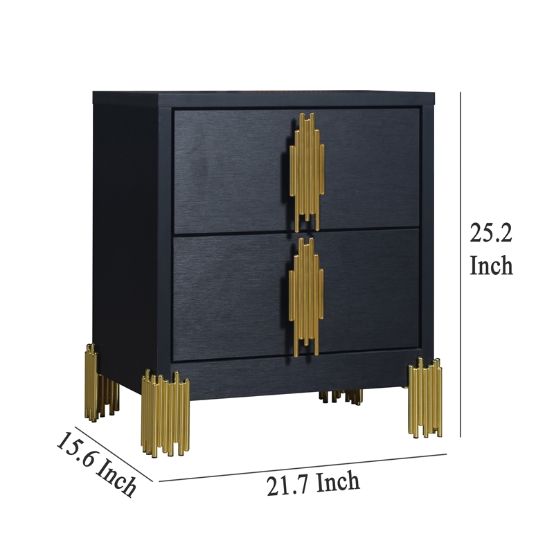 Benjara Theo Nightstand- 2 Drawers- Retro Gold Handles and Black Wood- 25 Inch