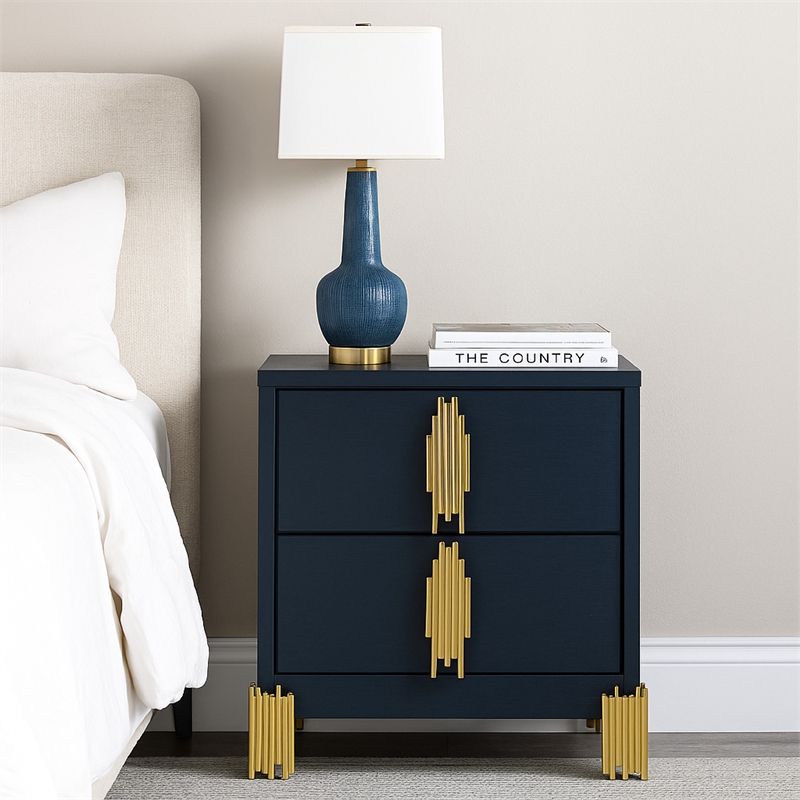 Benjara Theo Nightstand- 2 Drawers- Retro Gold Handles and Black Wood- 25 Inch