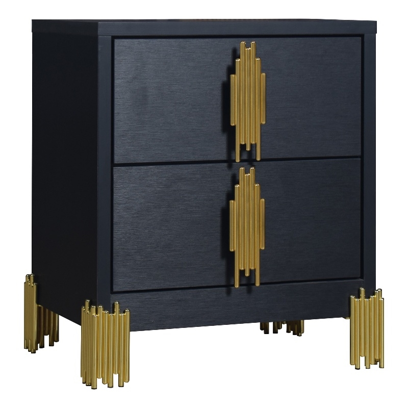 Benjara Theo Nightstand- 2 Drawers- Retro Gold Handles and Black Wood- 25 Inch
