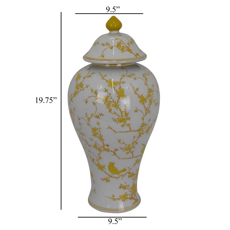 Benjara Chris Lidded Accent Jar- Yellow Bird and Floral- White Ceramic 20 Inch