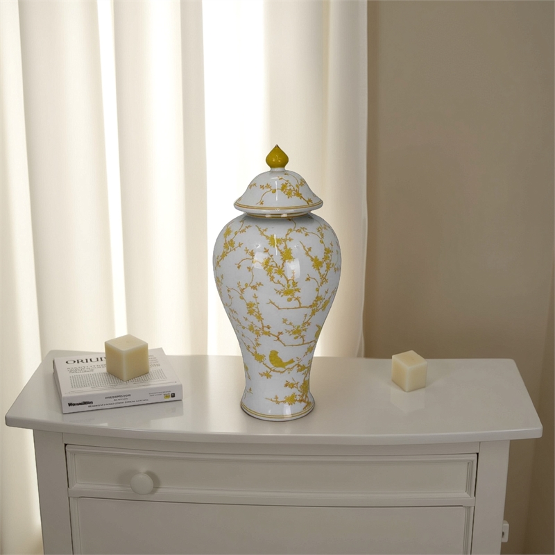 Benjara Chris Lidded Accent Jar- Yellow Bird and Floral- White Ceramic 20 Inch