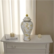 Benjara Chris Lidded Accent Jar- Yellow Bird and Floral- White Ceramic 20 Inch