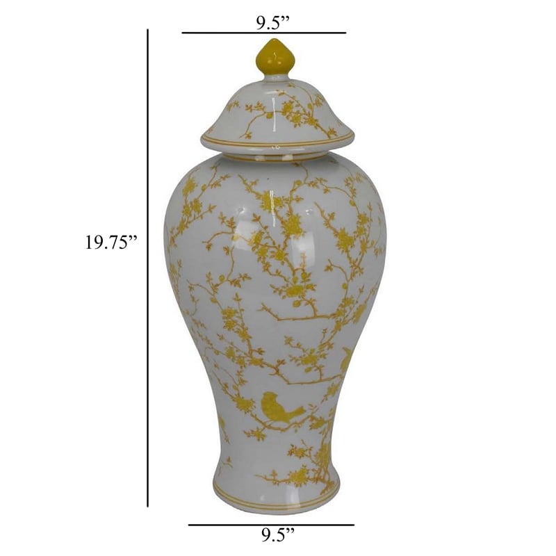 Benjara Chris Lidded Accent Jar- Yellow Bird and Floral- White Ceramic 20 Inch