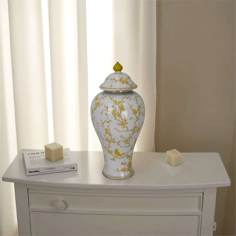 Benjara Chris Lidded Accent Jar- Yellow Bird and Floral- White Ceramic 20 Inch