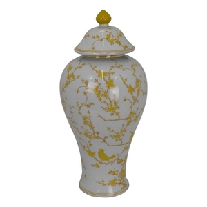 Benjara Chris Lidded Accent Jar- Yellow Bird and Floral- White Ceramic 20 Inch