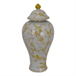 Benjara Chris Lidded Accent Jar- Yellow Bird and Floral- White Ceramic 20 Inch