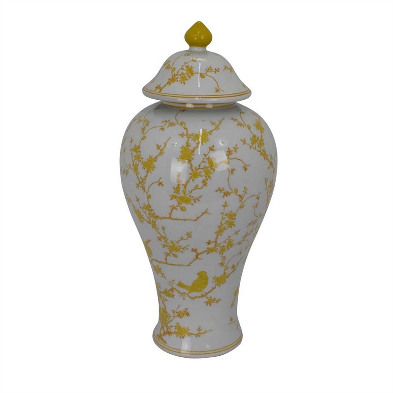 Benjara Chris Lidded Accent Jar- Yellow Bird and Floral- White Ceramic 20 Inch
