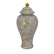Benjara Chris Lidded Accent Jar- Yellow Bird and Floral- White Ceramic 20 Inch