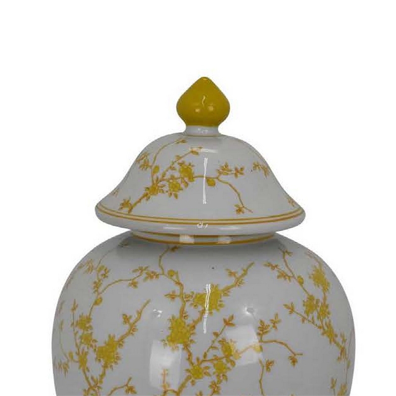 Benjara Chris Lidded Accent Jar- Yellow Bird and Floral- White Ceramic 20 Inch