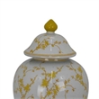 Benjara Chris Lidded Accent Jar- Yellow Bird and Floral- White Ceramic 20 Inch