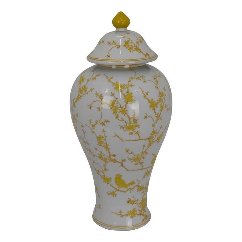 Benjara Chris Lidded Accent Jar- Yellow Bird and Floral- White Ceramic 20 Inch