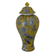 Benjara Chris Decorative Jar- Yellow Bird and Floral- Blue Ceramic 20 Inch