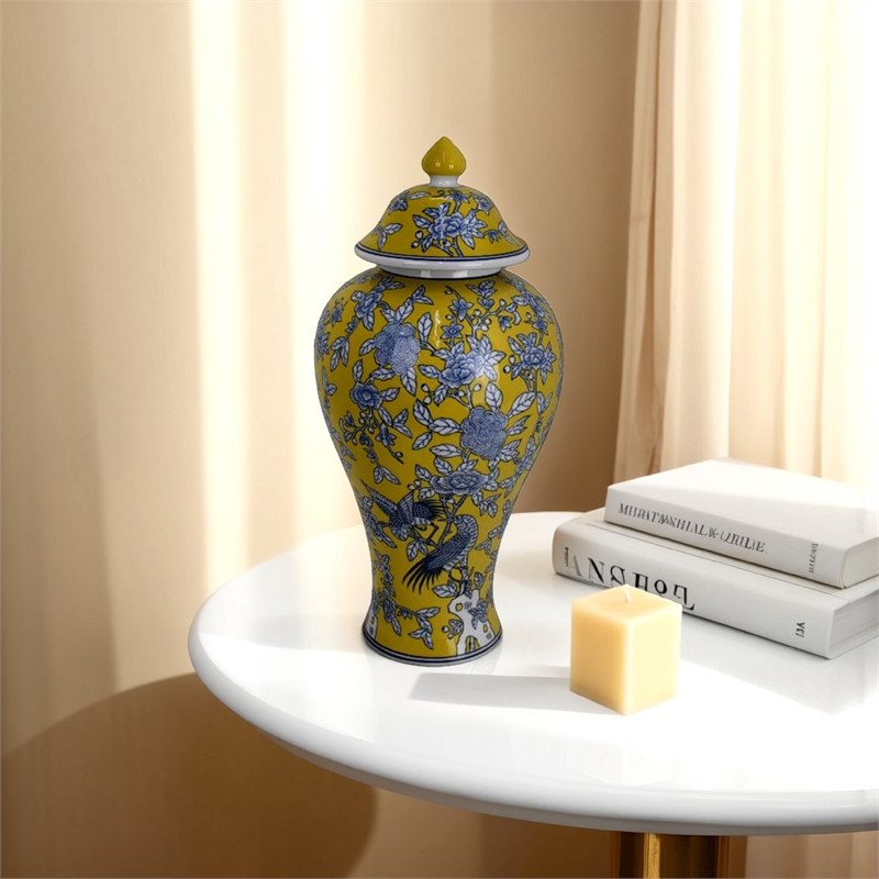Benjara Chris Decorative Jar- Yellow Bird and Floral- Blue Ceramic 20 Inch