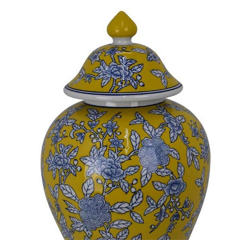 Benjara Chris Decorative Jar- Yellow Bird and Floral- Blue Ceramic 20 Inch