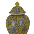 Benjara Chris Decorative Jar- Yellow Bird and Floral- Blue Ceramic 20 Inch