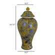 Benjara Chris Decorative Jar- Yellow Bird and Floral- Blue Ceramic 20 Inch