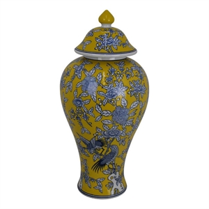 Benjara Chris Decorative Jar- Yellow Bird and Floral- Blue Ceramic 20 Inch