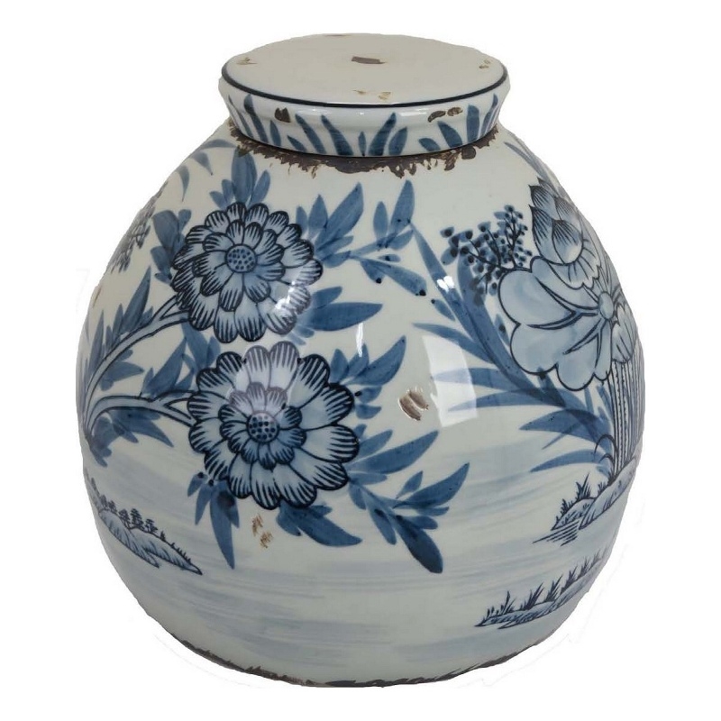 Benjara Accent Ginger Jar with Lid- Blue and White Ceramic- Floral Pattern