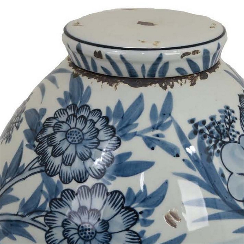 Benjara Accent Ginger Jar with Lid- Blue and White Ceramic- Floral Pattern