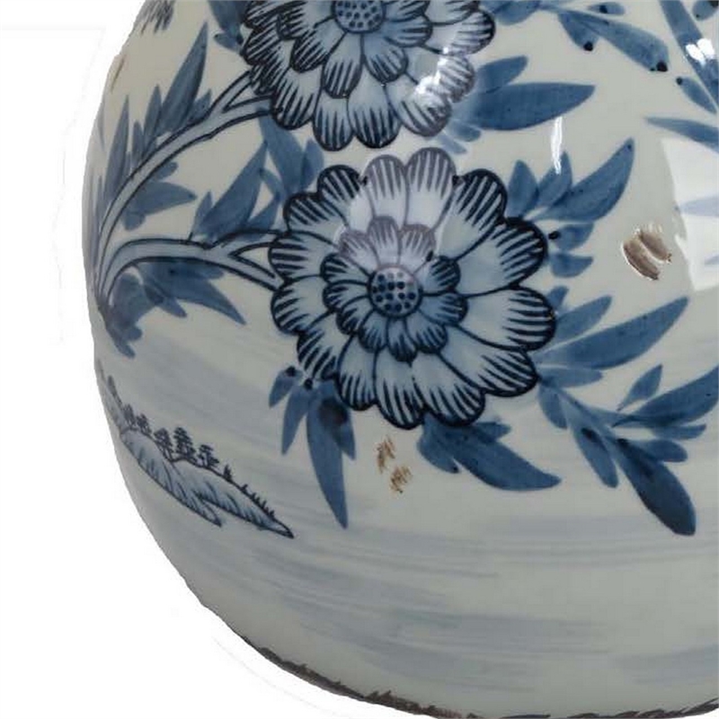 Benjara Accent Ginger Jar with Lid- Blue and White Ceramic- Floral Pattern