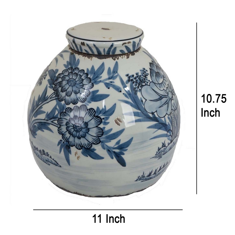 Benjara Accent Ginger Jar with Lid- Blue and White Ceramic- Floral Pattern