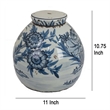 Benjara Accent Ginger Jar with Lid- Blue and White Ceramic- Floral Pattern