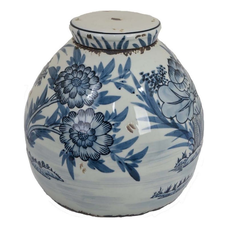 Benjara Accent Ginger Jar with Lid- Blue and White Ceramic- Floral Pattern