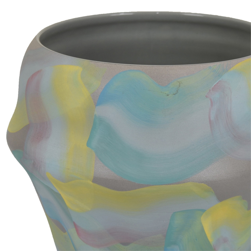 Benjara Accent Flower Vase- Brushstroke Pattern Blue Yellow Ceramic- 10 Inch