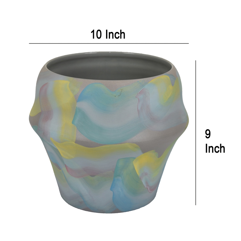 Benjara Accent Flower Vase- Brushstroke Pattern Blue Yellow Ceramic- 10 Inch