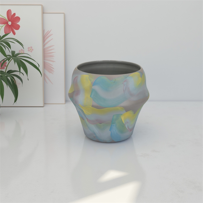 Benjara Accent Flower Vase- Brushstroke Pattern Blue Yellow Ceramic- 10 Inch