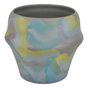 Benjara Accent Flower Vase- Brushstroke Pattern Blue Yellow Ceramic- 10 Inch