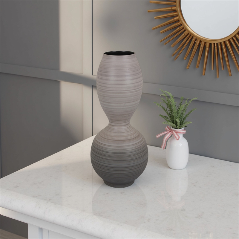 Benjara Modern Flower Vase- Double Bulb Ombre Textured Gray Ceramic- 17 Inch