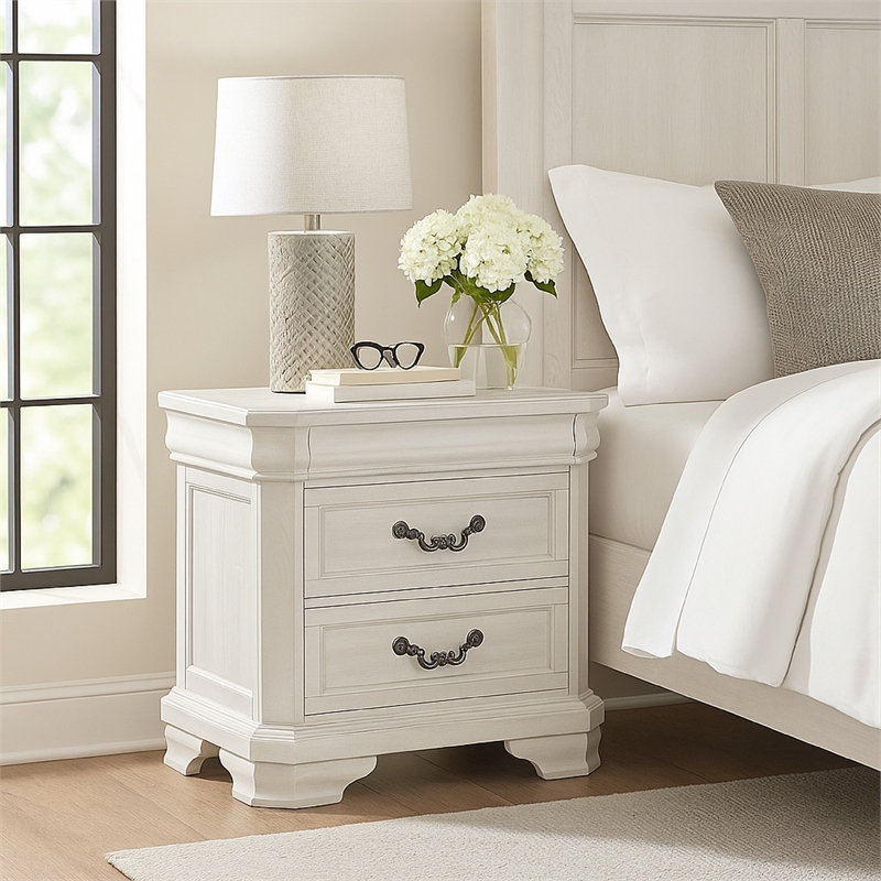 Benjara Lynda Nightstand- 2 Drawers Metal Handles- White Acacia Wood 27 Inch