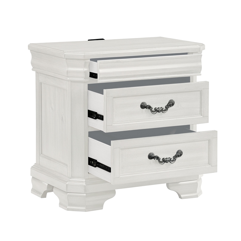 Benjara Lynda Nightstand- 2 Drawers Metal Handles- White Acacia Wood 27 Inch