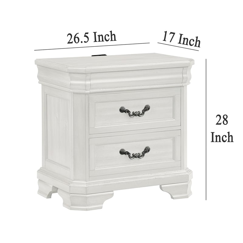 Benjara Lynda Nightstand- 2 Drawers Metal Handles- White Acacia Wood 27 Inch