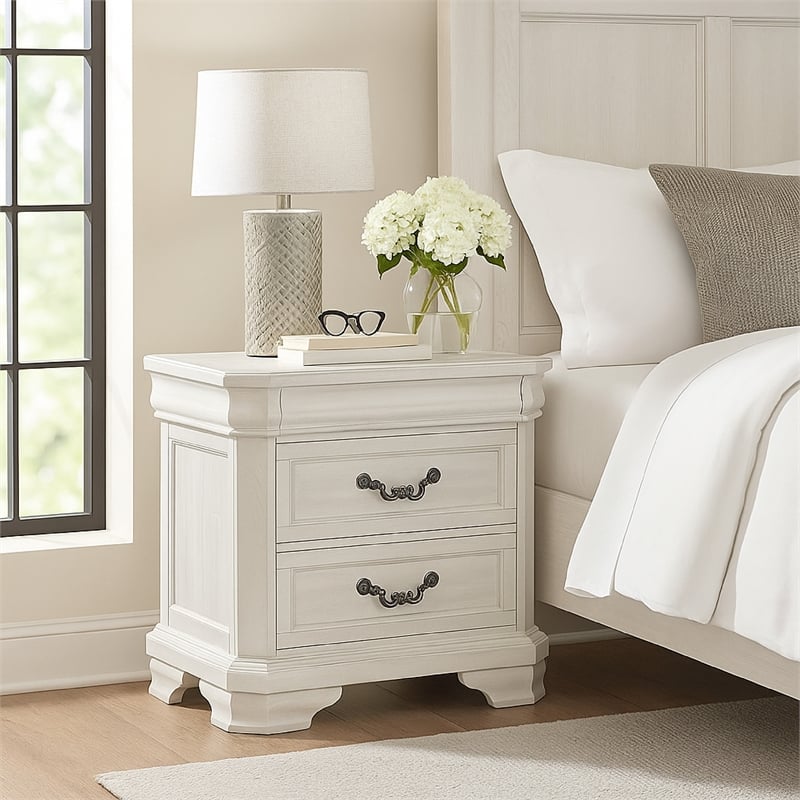 Benjara Lynda Nightstand- 2 Drawers Metal Handles- White Acacia Wood 27 Inch